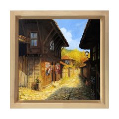 Köy Meydanı Tablosu Naturel Ahşap Çerçeve - 40x40
