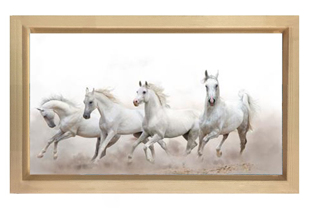 Beyaz Atlar Tablosu Naturel Ahşap Çerçeve - 70x100