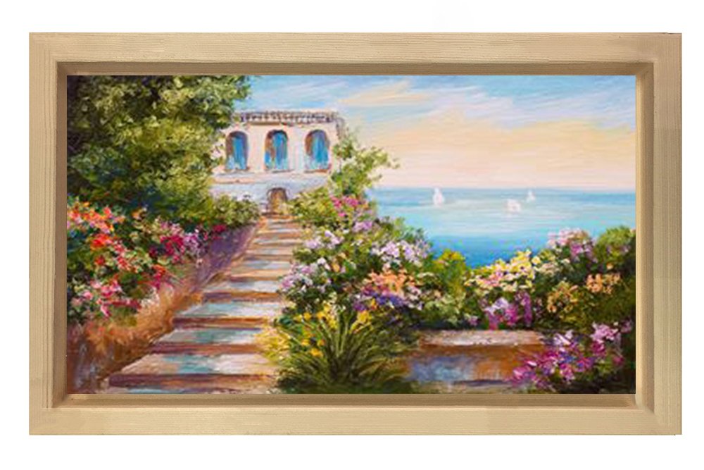 Çiçekli Deniz Evi Tablosu Naturel Ahşap - 40x60
