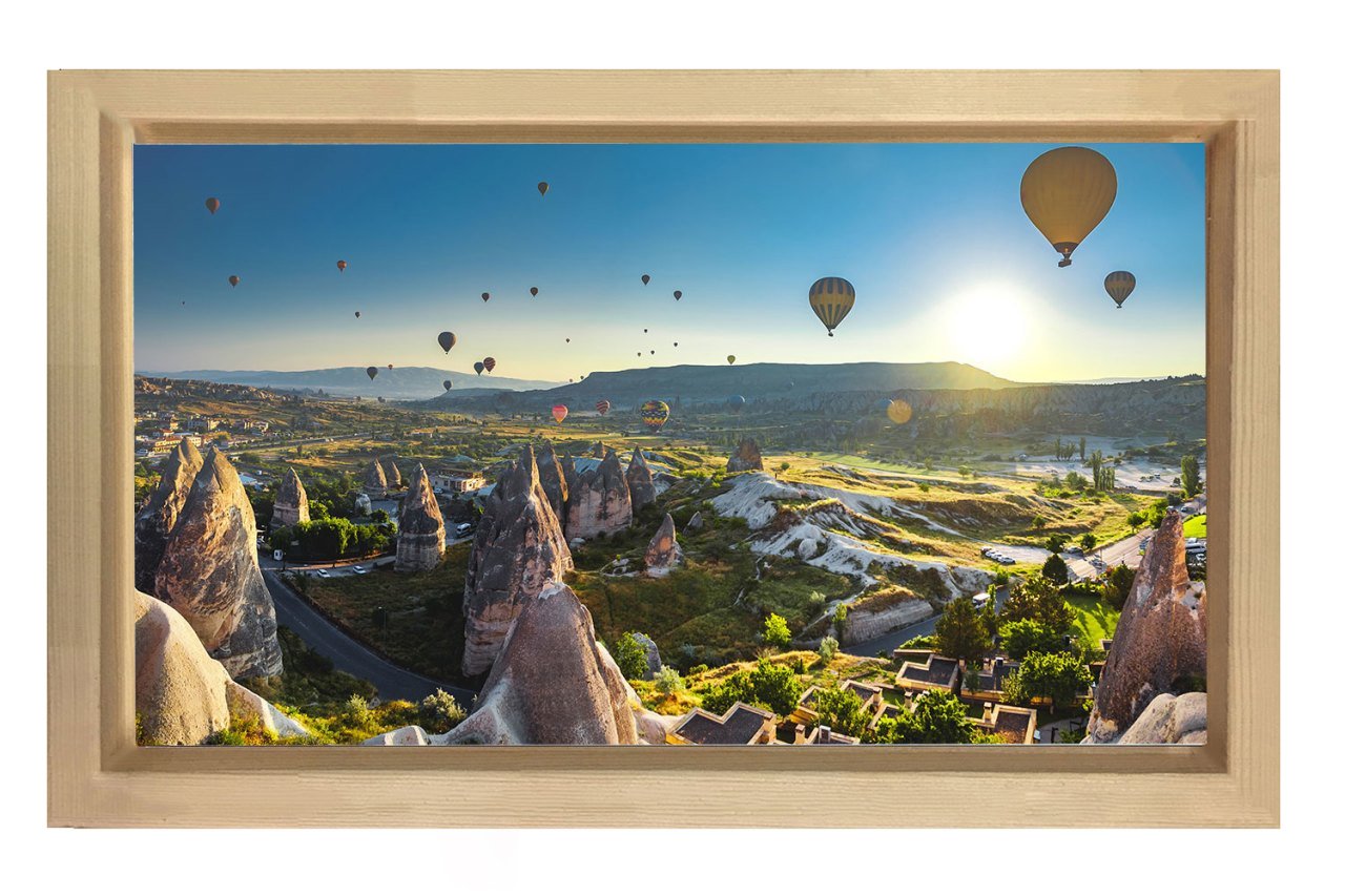 Uçan Balonlar Ve Peribacaları Tablosu Naturel Ahşap Çerçeve - 50x70