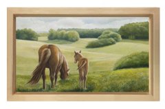 Orman Ve At Manzarası Tablosu Naturel Ahşap Çerçeve - 100x200