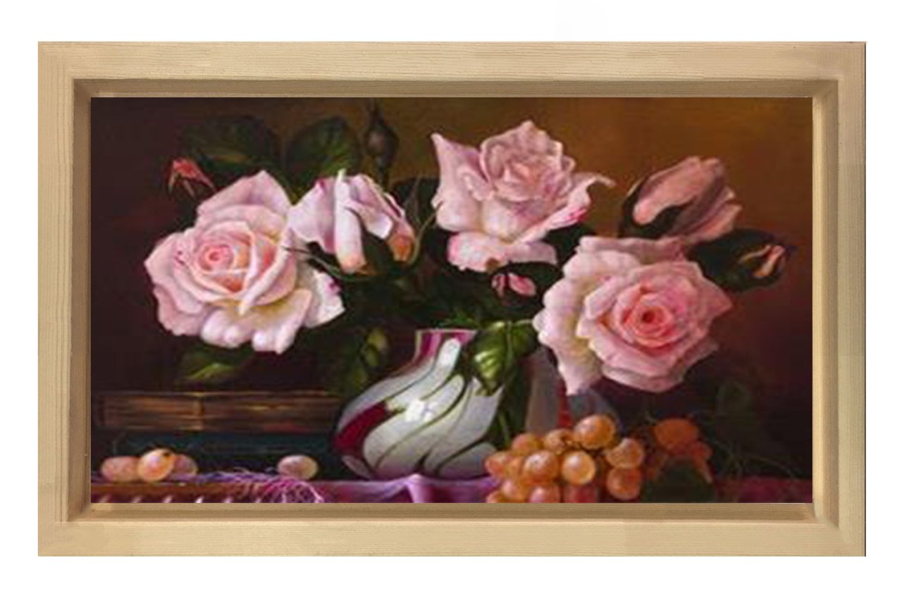 Pempe Güller Vazo Tablosu Naturel Ahşap Çerçeve - 50x70