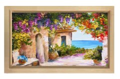 Çiçekli Manzara Yağlıboya Tablosu Naturel Ahşap Çerçeve - 50x90