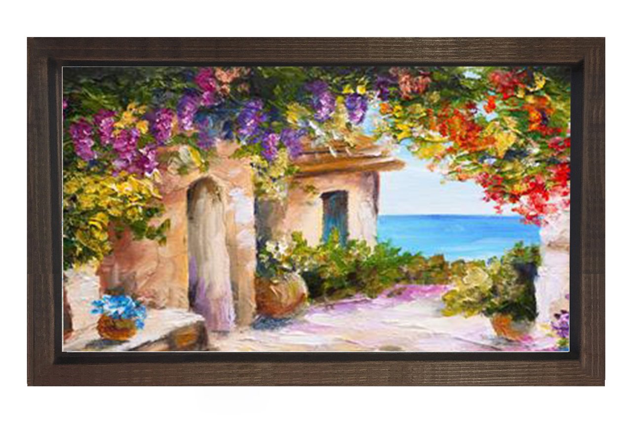 Çiçekli Manzara Yağlıboya Tablosu Kahverengi Ahşap Çerçeve - 100x200