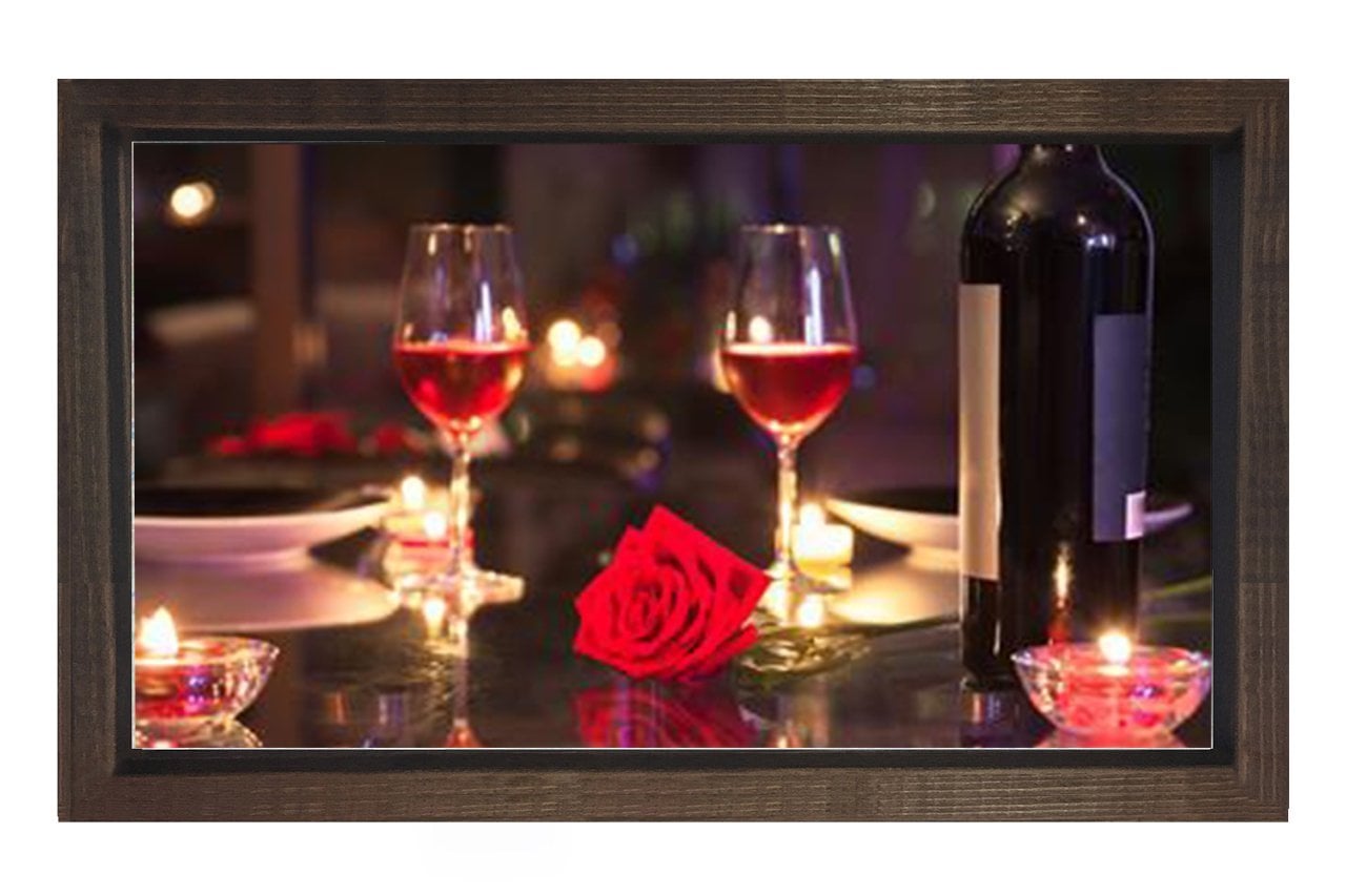 Romantik Şarap Masası Tablosu Kahverengi Ahşap Çerçeve - 45x30