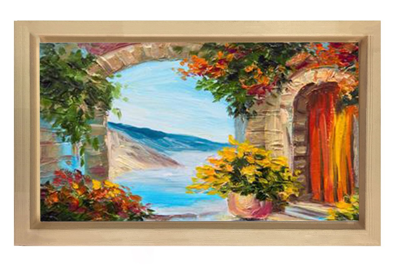 Çiçekli Manzara Yağlıboya Tablosu Naturel Ahşap Çerçeve - 100x150