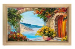 Çiçekli Manzara Yağlıboya Tablosu Naturel Ahşap Çerçeve - 100x150