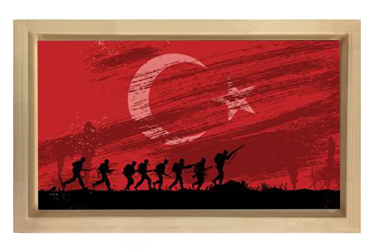 Türk Askeri Ve Türk Bayrağı Tablosu Naturel Ahşap - 45x30