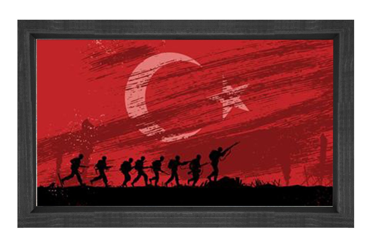 Türk Askeri Ve Türk Bayrağı Tablosu Siyah Ahşap - 40x60