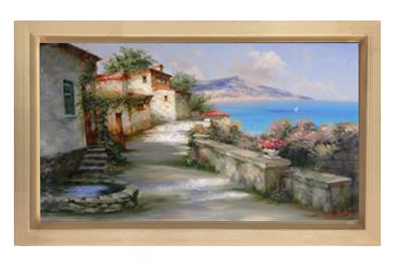 Taş Evler ve Deniz Tablosu Naturel Ahşap Çerçeve - 70x100