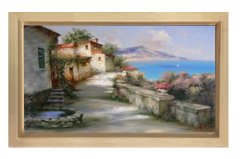 Taş Evler ve Deniz Tablosu Naturel Ahşap Çerçeve - 70x100
