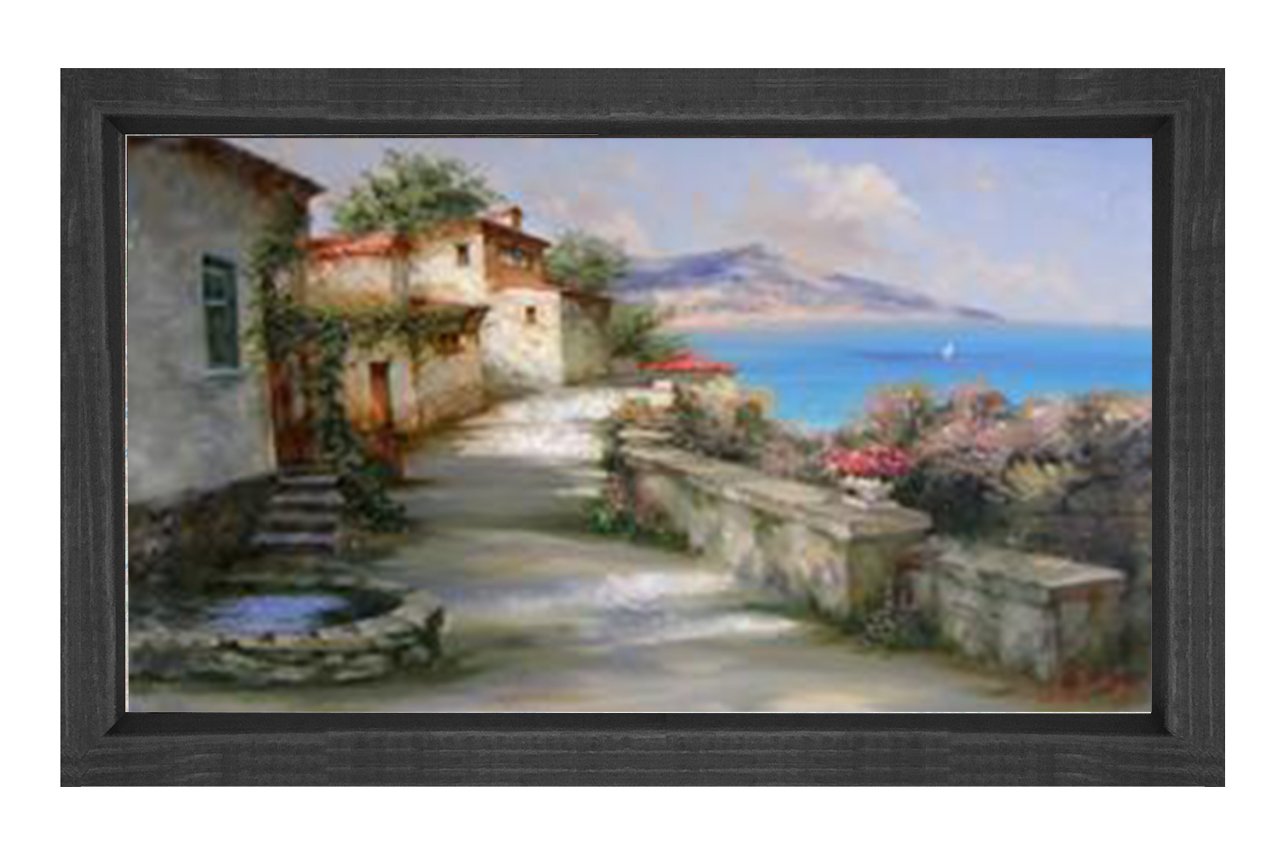 Taş Evler ve Deniz Tablosu Siyah Ahşap Çerçeve - 40x60