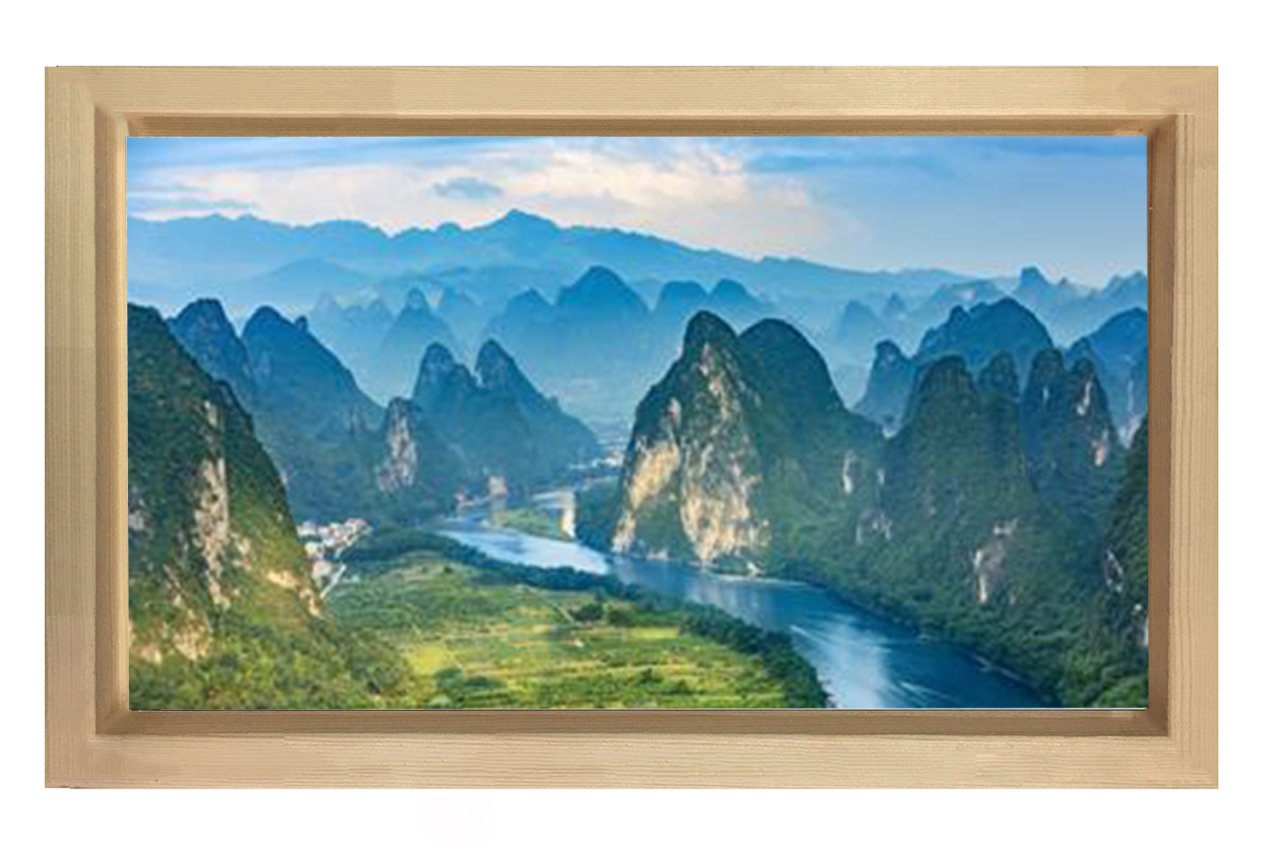 Nehir Ve Dağlar Manzara Tablosu Naturel Ahşap Çerçeve - 45x30