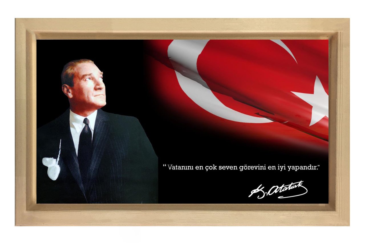 Atatürk ve Bayrak Tablosu Naturel Ahşap Çerçeve - 50x70