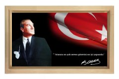 Atatürk ve Bayrak Tablosu Naturel Ahşap Çerçeve - 50x70