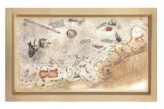 Piri Reis ve Haritası Tablosu Naturel Ahşap Çerçeve - 45x30