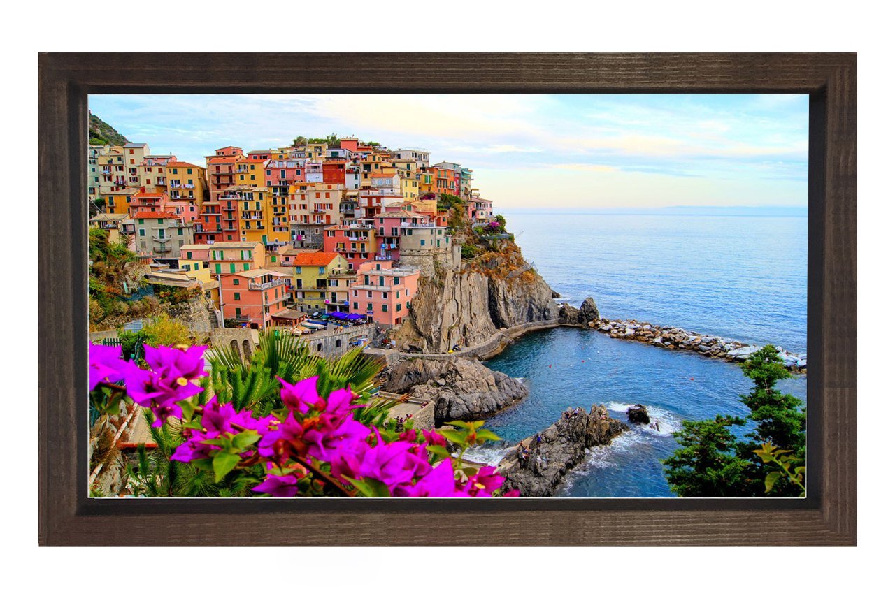 Renkli Evler ve Deniz  Tablosu Kahverengi Ahşap - 40x60