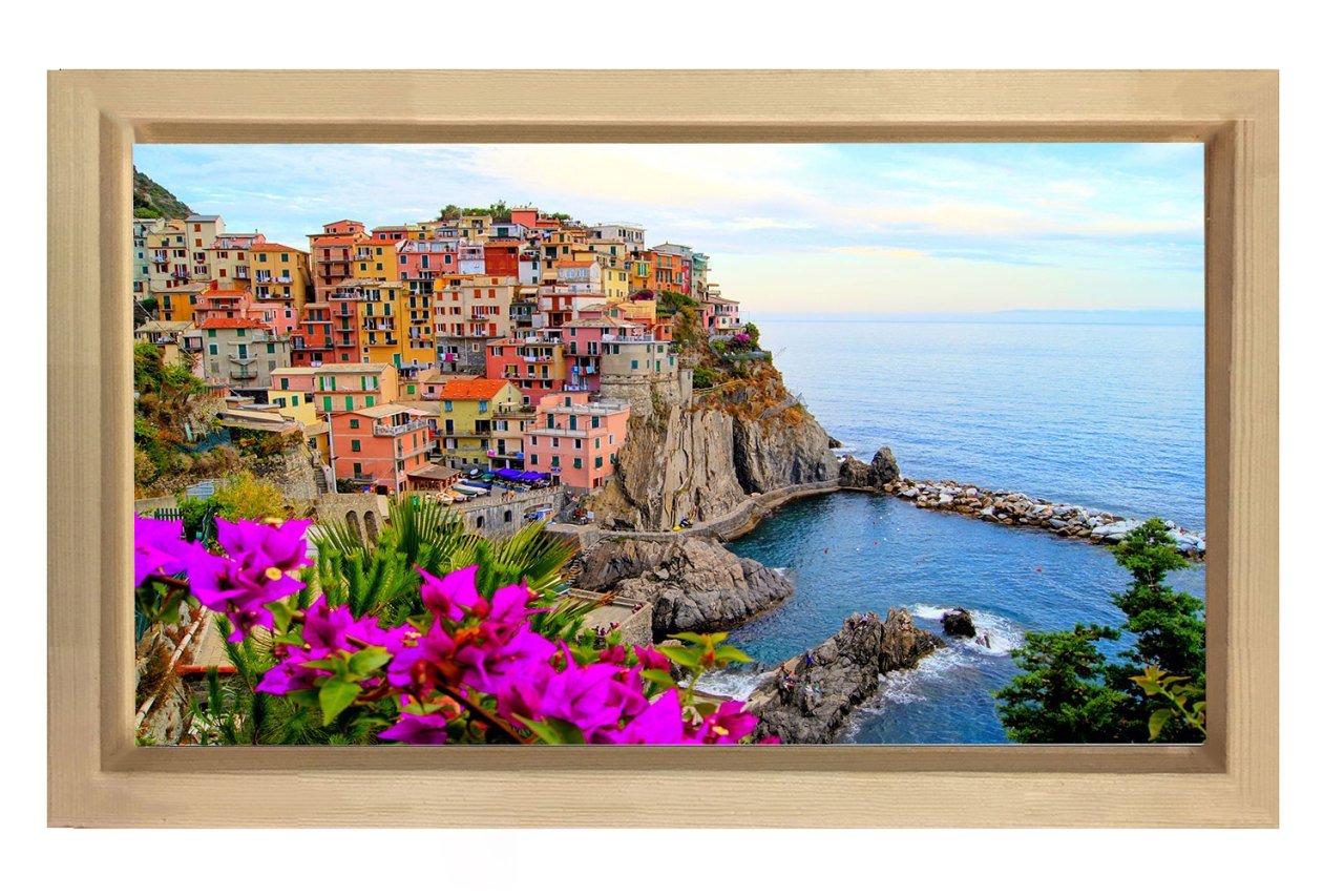 Renkli Evler ve Deniz  Tablosu Naturel Ahşap - 70x100