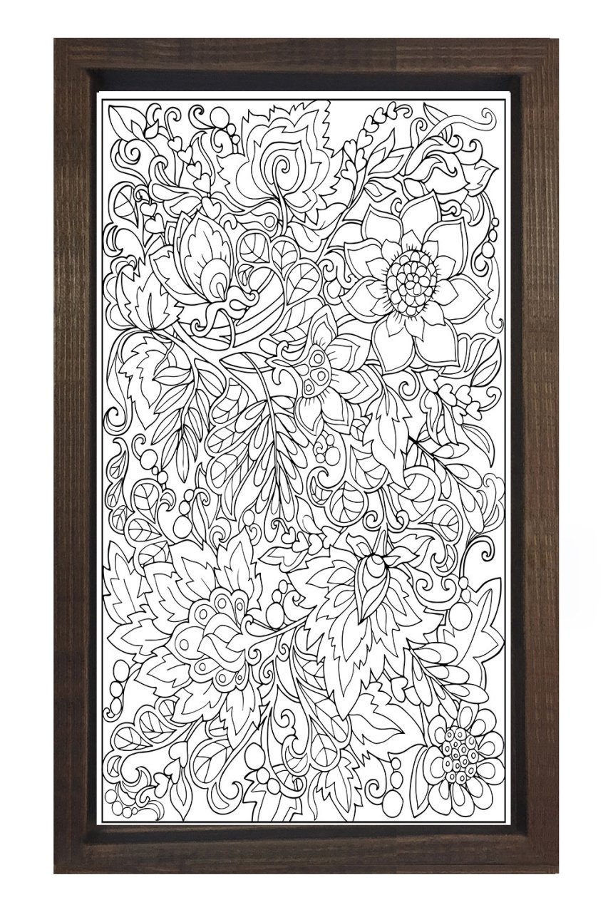 Çiçekli Desen Boyama Tablo Tablosu Kahverengi Ahşap Çerçeve - 50x90