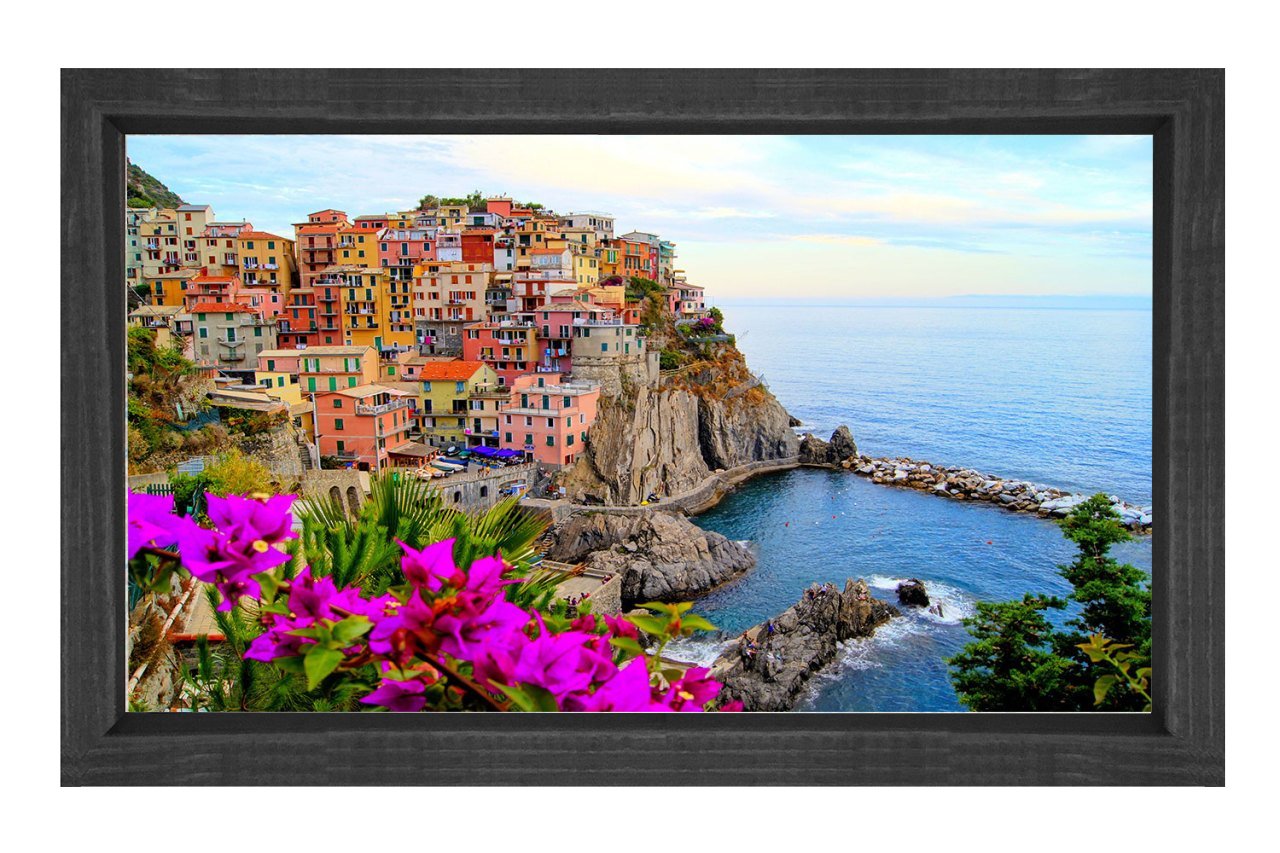 Renkli Evler ve Deniz  Tablosu Siyah Ahşap - 70x100