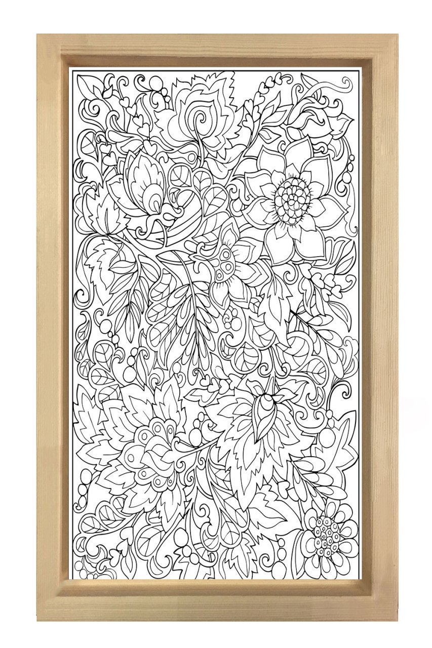 Çiçekli Desen Boyama Tablo Tablosu Naturel Ahşap Çerçeve - 100x150