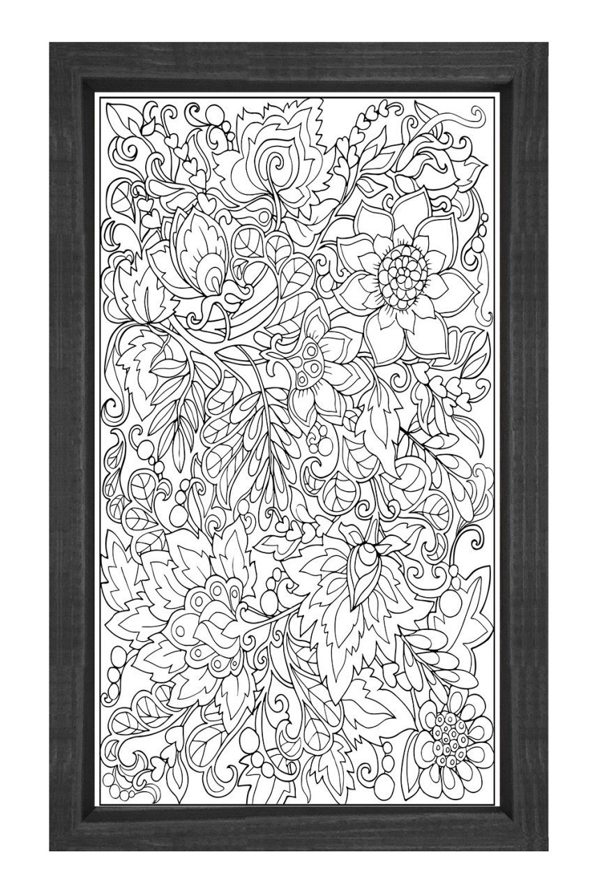 Çiçekli Desen Boyama Tablo Tablosu Siyah Ahşap Çerçeve - 40x60