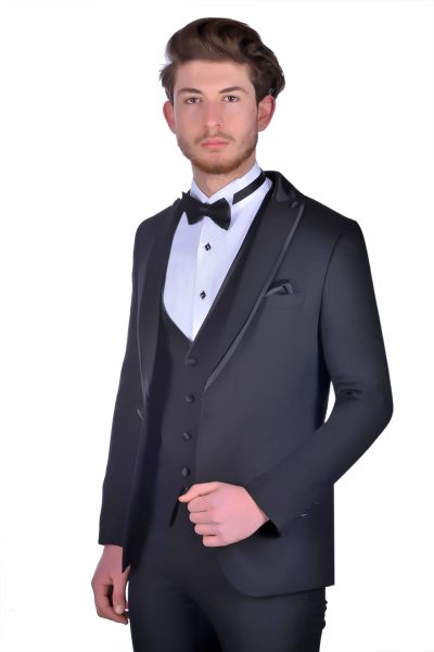 Slim Fit Düz Yelekli Smokin SiYAH