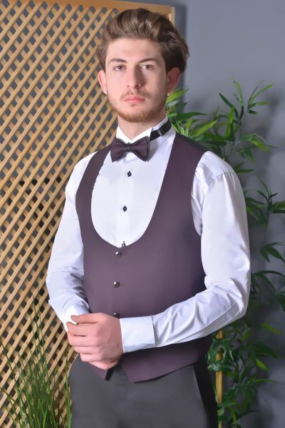 Slim Fit Desenli Yelekli Smokin BORDO