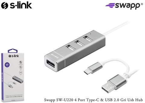 S-link SW-U220 4 Port Type-C & USB 2.0 Gri Usb Hub
