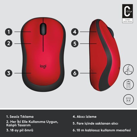 Logitech M220 Kablosuz Silent M.Kırmız