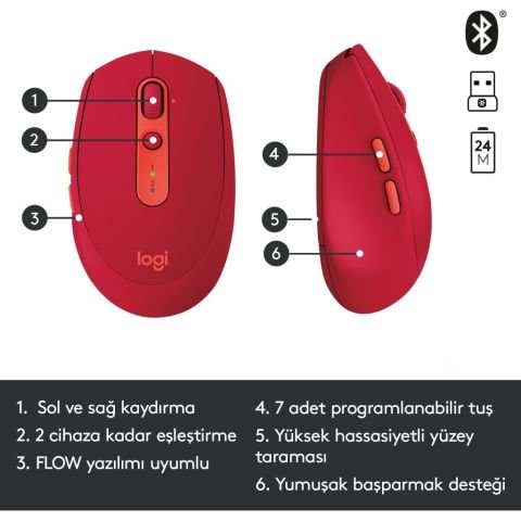 Logitech M590 910-005199 Kırmızı Sessiz Optik Kablosuz Mouse