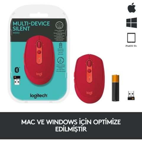 Logitech M590 910-005199 Kırmızı Sessiz Optik Kablosuz Mouse