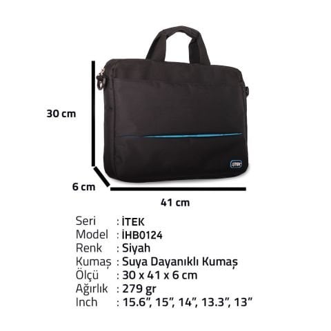 İTEK 15.6 İHB0124 Laptop El Çantası Su Geçirmez Siyah -Mavi Aksılı