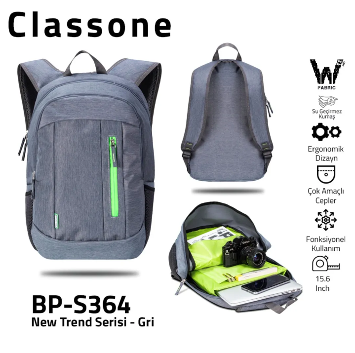 Classone 15.6 inç BP-S364 New Trend 15.6 inç Uyumlu Notebook Çantası, Gri