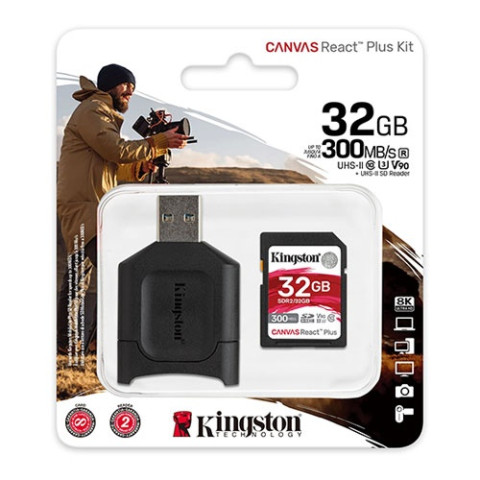Kingston Canvas React Plus SDR2/32GB Class 10 UHS-II U3 V90 32 GB Hafıza Kartı + MLP SD Kart Reader