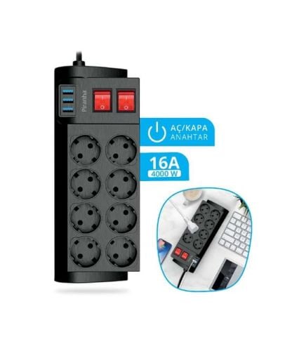 Piranha 3398 Anahtarlı 3 USB Girişli 8'li 2 mt Akım Korumalı Priz