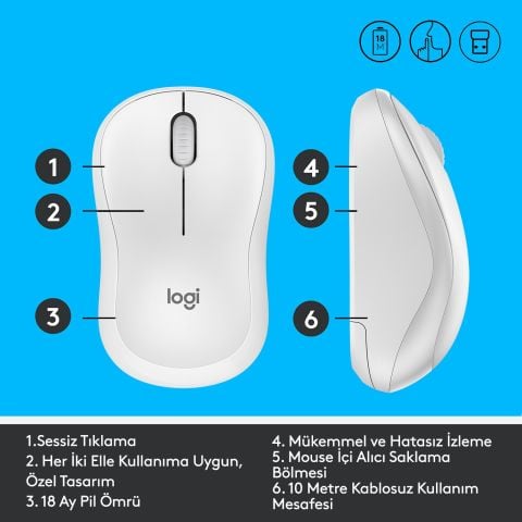Logitech M221 Beyaz Silent Wireless Optik Mouse