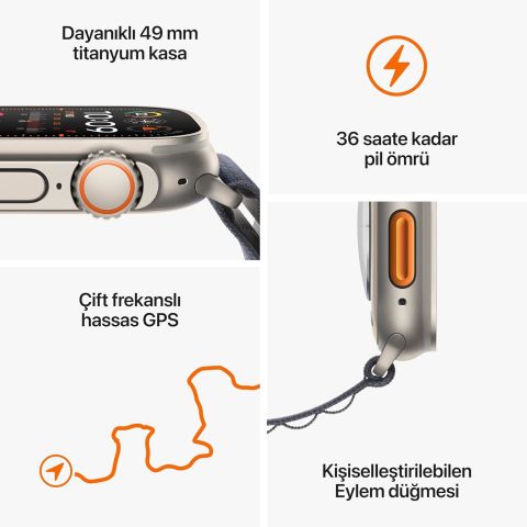 Apple Watch Ultra 2 GPS + Cellular 49mm Natürel Titanyum Kasa ve Turuncu-Bej-Trail Loop Kordon Akıllı Saat
