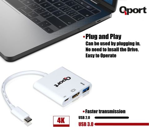 Qport Q-Th03 Type-C To Hdmi 4K+Usb 3.0+Type-C Çev.