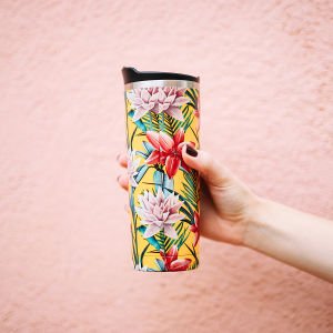 Qwetch QM6015 Tropik Çiçek Desenli Isı Yalıtımlı 470ml Termos Mug- Sarı