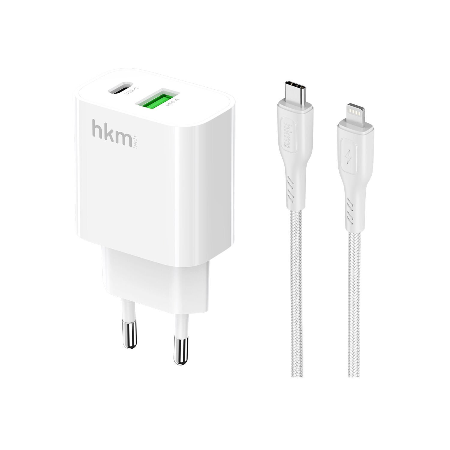 hkm tech BOLT DUO 20W USB-A ve Type-C Çift Portlu Hızlı Şarj Aleti ve Lightning Kablo Seti