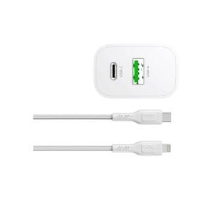 hkm tech BOLT DUO 20W USB-A ve Type-C Çift Portlu Hızlı Şarj Aleti ve Lightning Kablo Seti