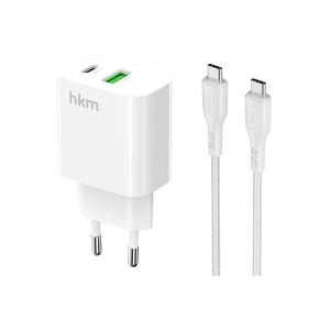 hkm tech BOLT DUO 20W USB-A ve Type-C Çift Portlu Hızlı Şarj Aleti ve Type-C Kablo Seti