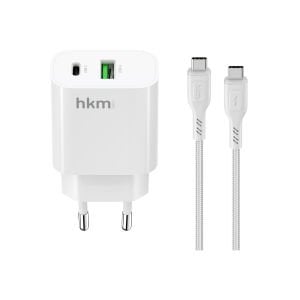 hkm tech BOLT DUO 20W USB-A ve Type-C Çift Portlu Hızlı Şarj Aleti ve Type-C Kablo Seti