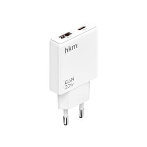 hkm tech EXTRA SLIM GaN 20W USB-A ve Type-C Çift Portlu Ultra İnce ve Hızlı Şarj Aleti