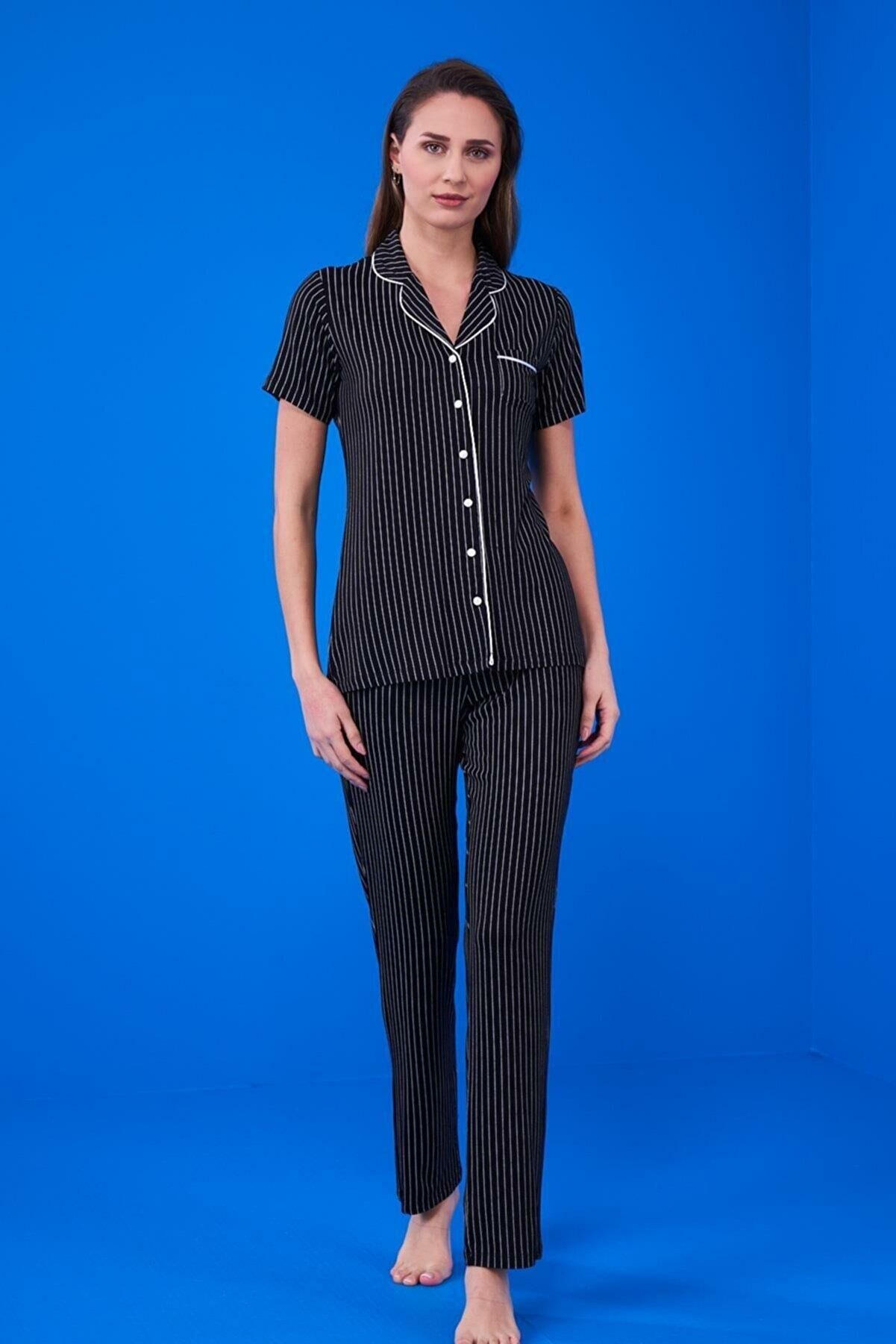 Pjs 23134 Kadın Çizgili Düğmeli Pijama Takım
