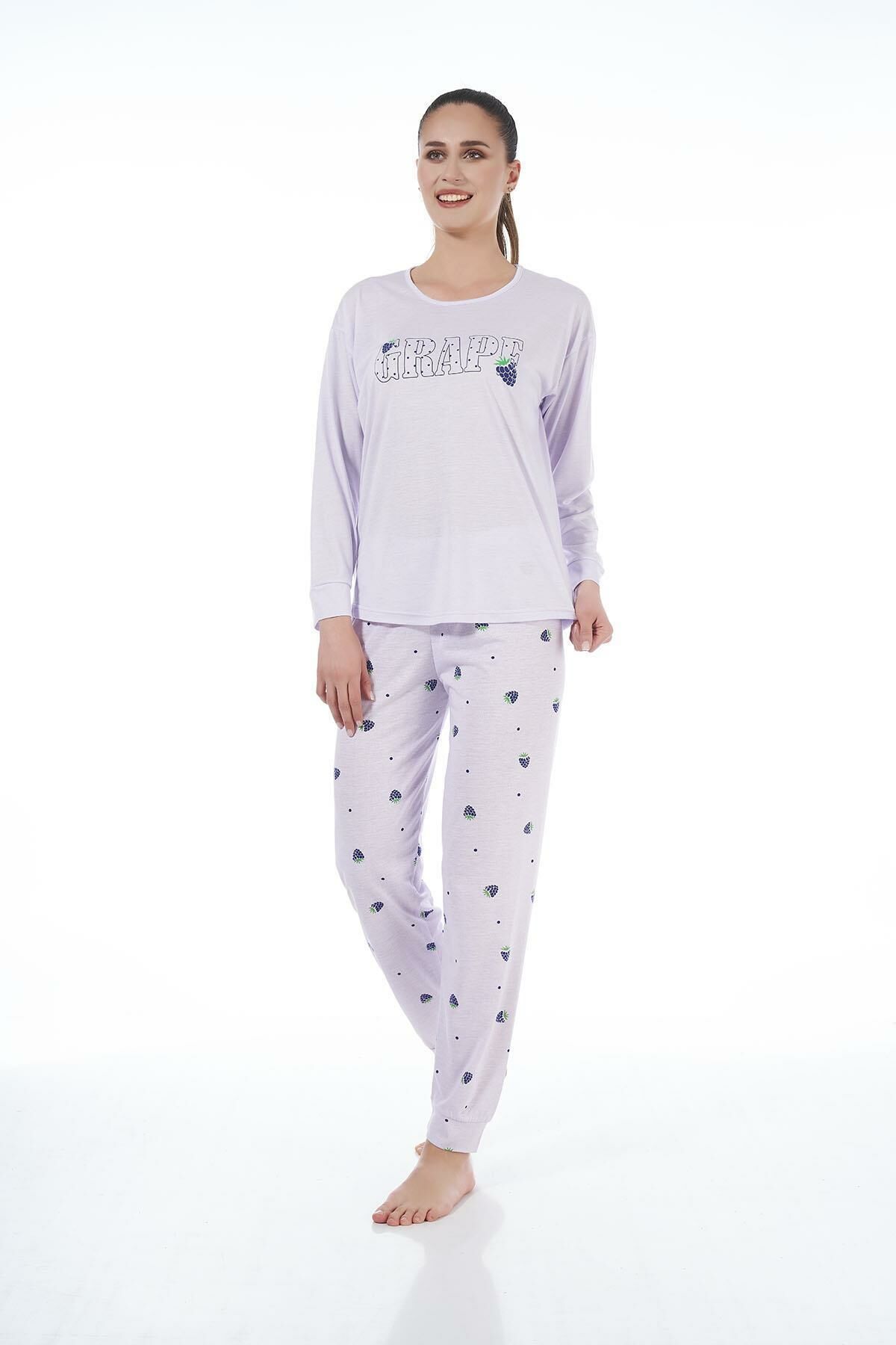 Estiva 22134 Kadın Üzüm Desenli Uzun Kollu Viskon Pijama Takım