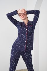 Pjs 24542 Kadın Düğmeli Kalp Desenli Lacivert Pijama Takım