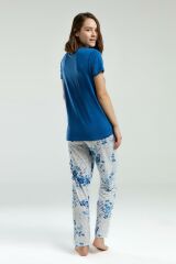 Pierre Cardin Kadın Saks Bisiklet Yaka Kısa Kol Desenli Pijama Takım