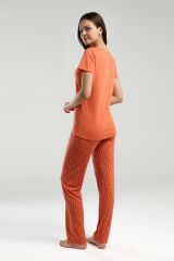 Pierre Cardin Kadın Turuncu Yaka Düğmeli Kısa Kol Desenli Pijama Takım